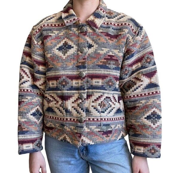 Vintage Womens 90s Tan Trums Geometric Southwestern Boho Aztec Cropped Jacket - Picture 9 of 9